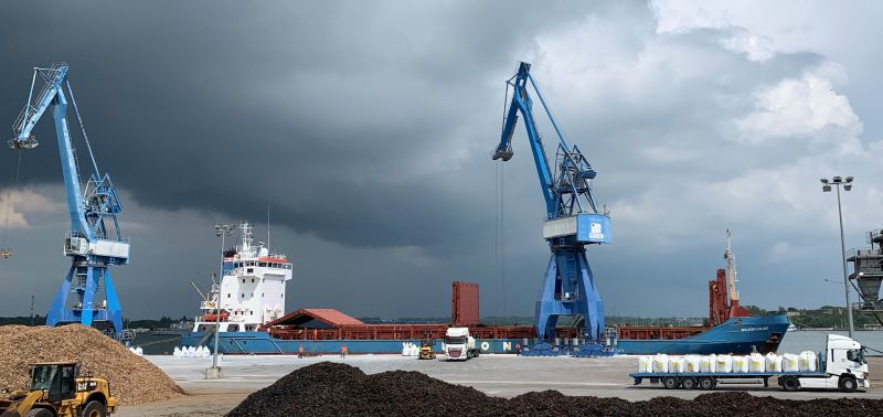 Discharging seaweed sand in big bags